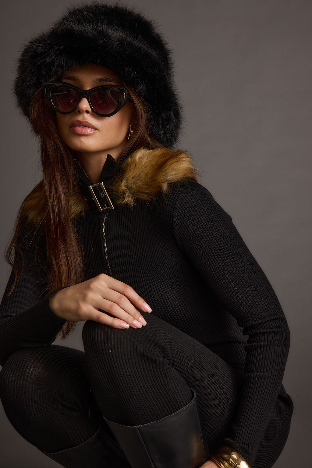 Apres Faux Fur Trimmed Black Ribbed Knit Jumpsuit